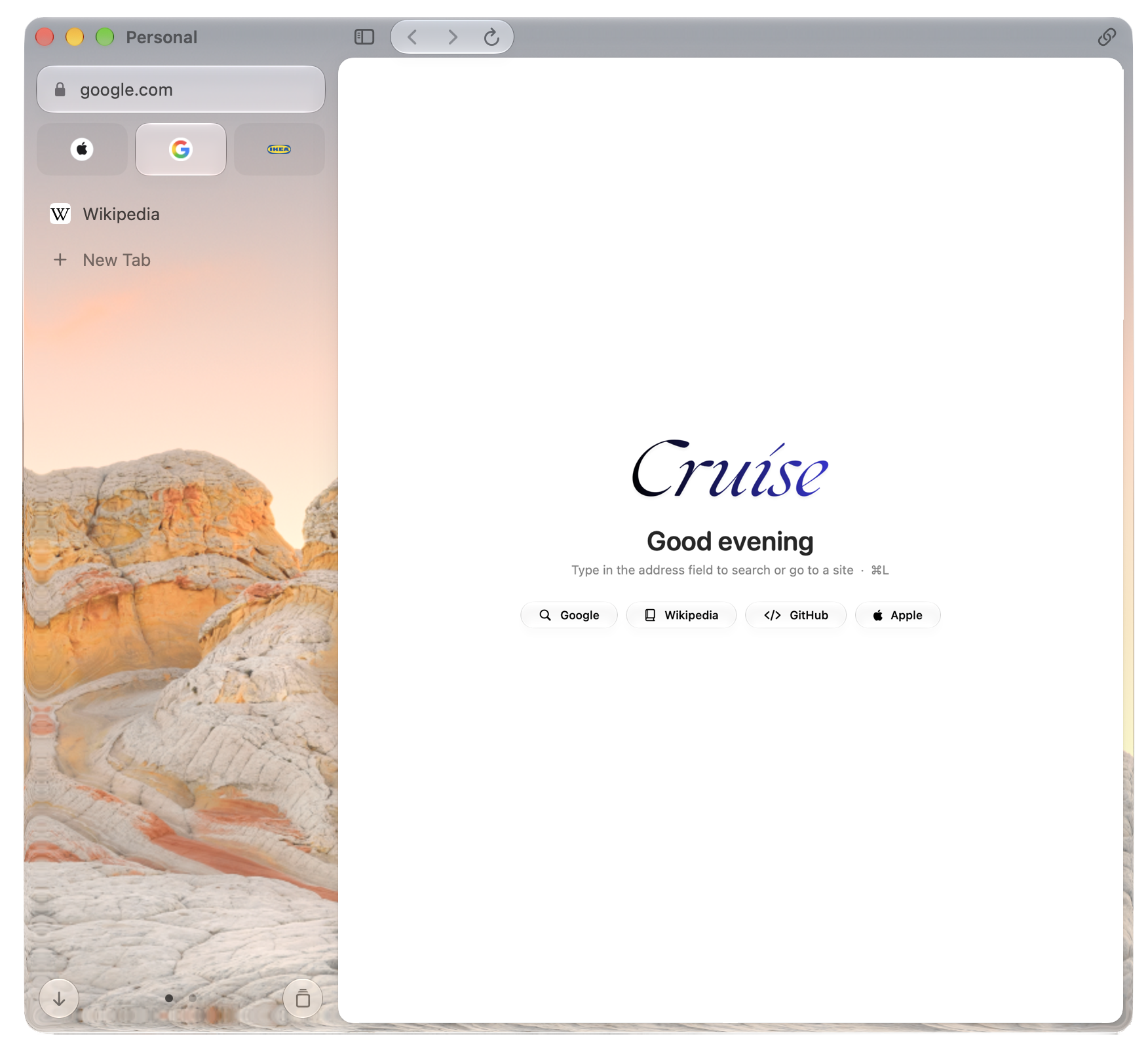 Cruise browser window with a Liquid Glass sidebar over a desert wallpaper and the new tab page